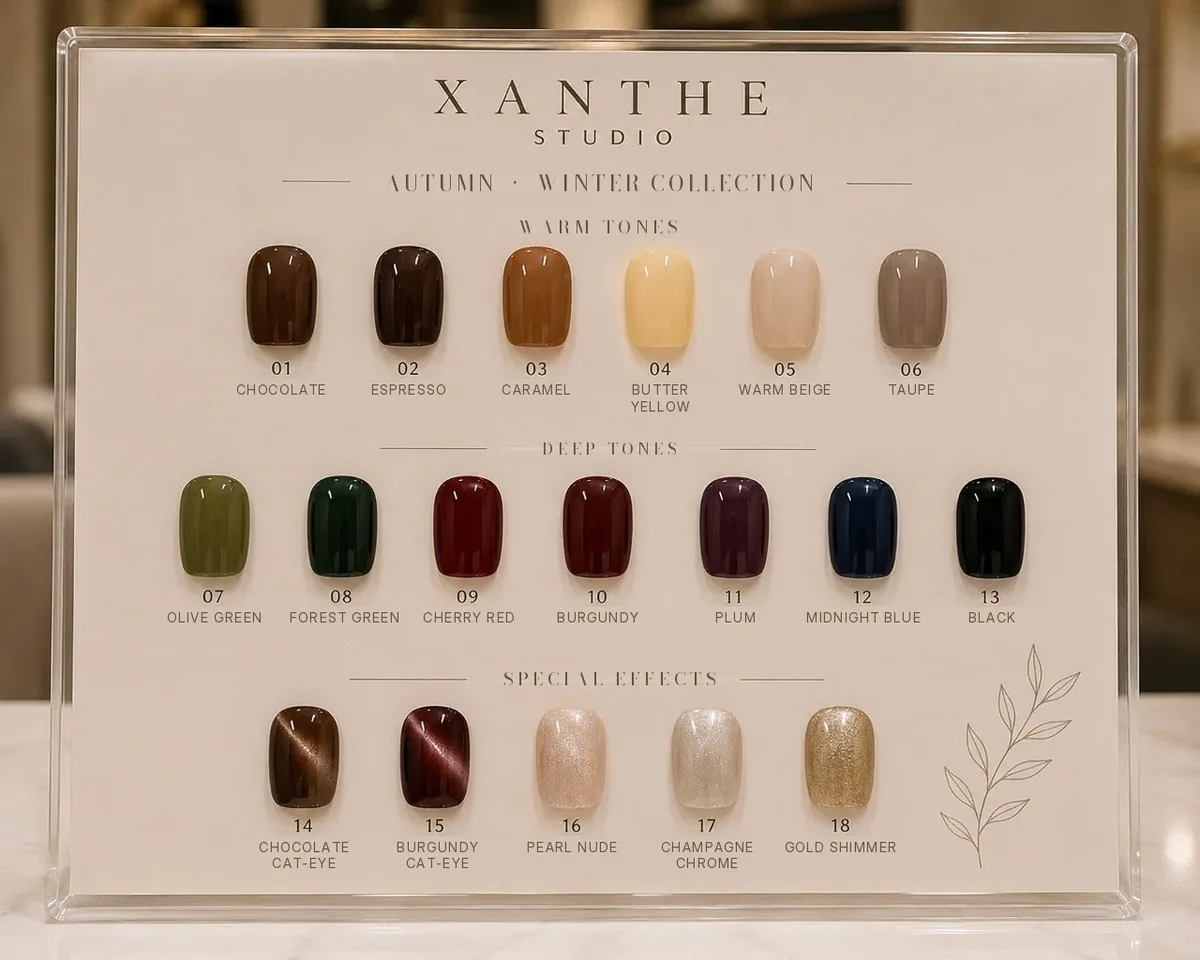 De kleurenkaart herfst en winter van Xanthe Studio, met achttien kleuren