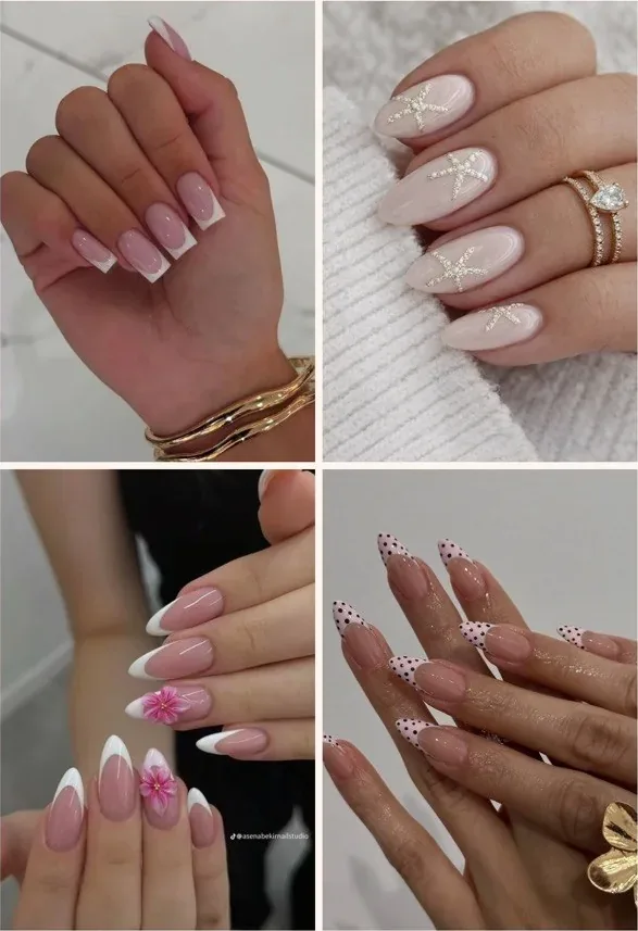 Nail art niveau 2: vier voorbeelden met french, strikjes en fijne bloemdetails