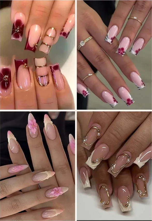 Nail art niveau 3: vier voorbeelden met 3D bloemen, marmer en gouden accenten