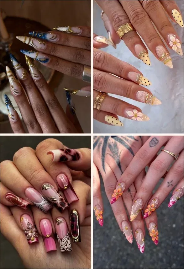 Nail art niveau 4: vier voorbeelden met uitgebreid handwerk, steentjes en folie